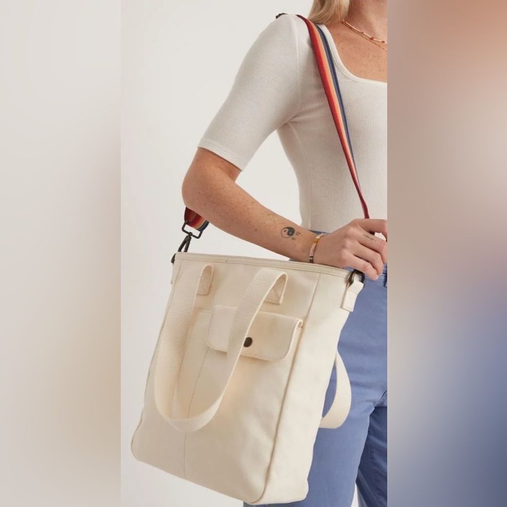 Marine layer | Cream Tote Bag with rainbow shoulder strap